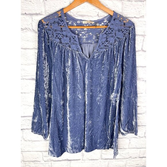 SOFT SURROUNDINGS Women's Steele Blue Velvet Crochet Neck A-Line Tunic Blouse M - Picture 1 of 5